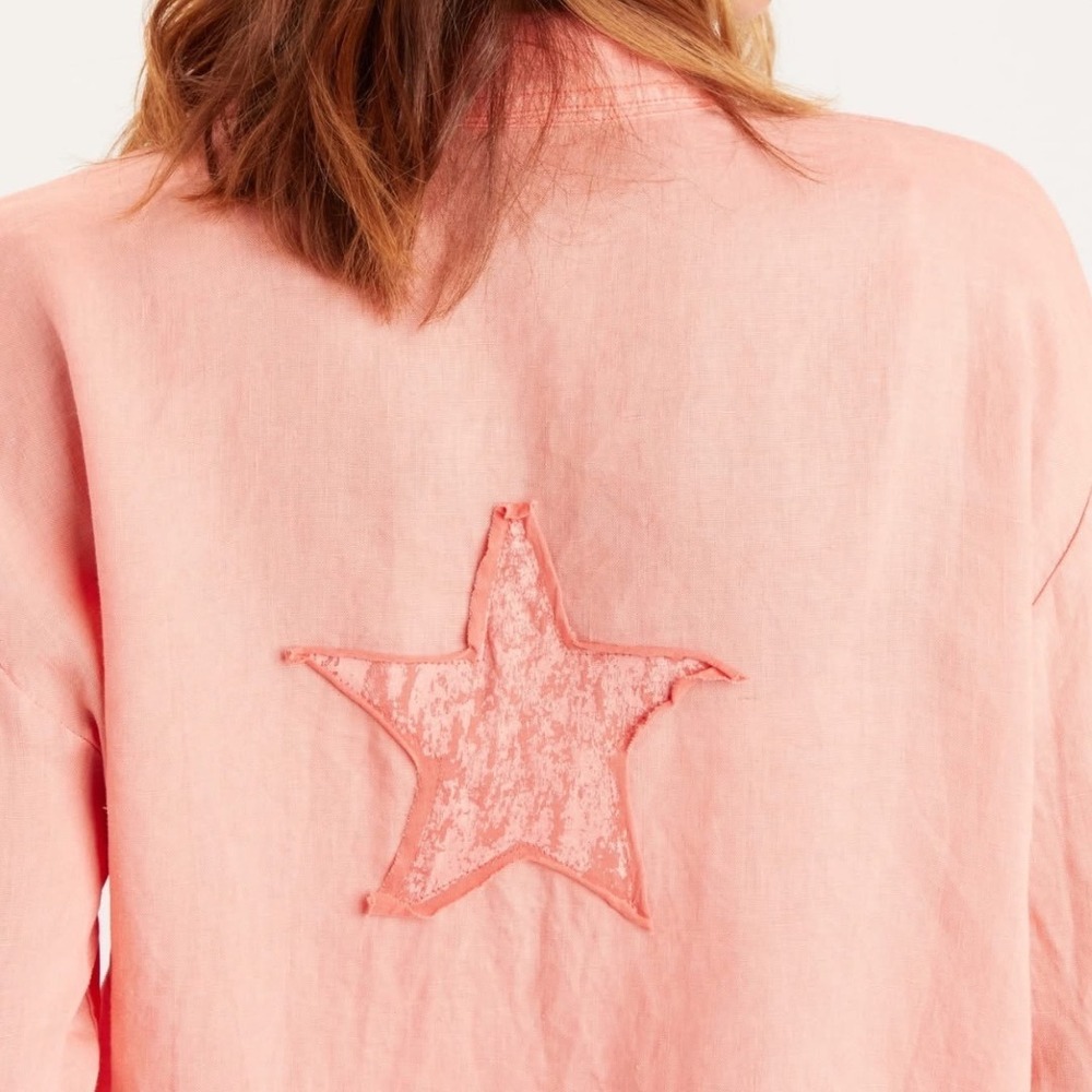 XCVI Coral Pink 100% Linen Star Applique Roll Tab Button Down Shirt Women Small